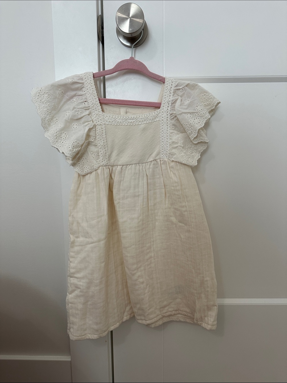 Classic Cream Eyelet Flutter-Sleeve Kids Dress